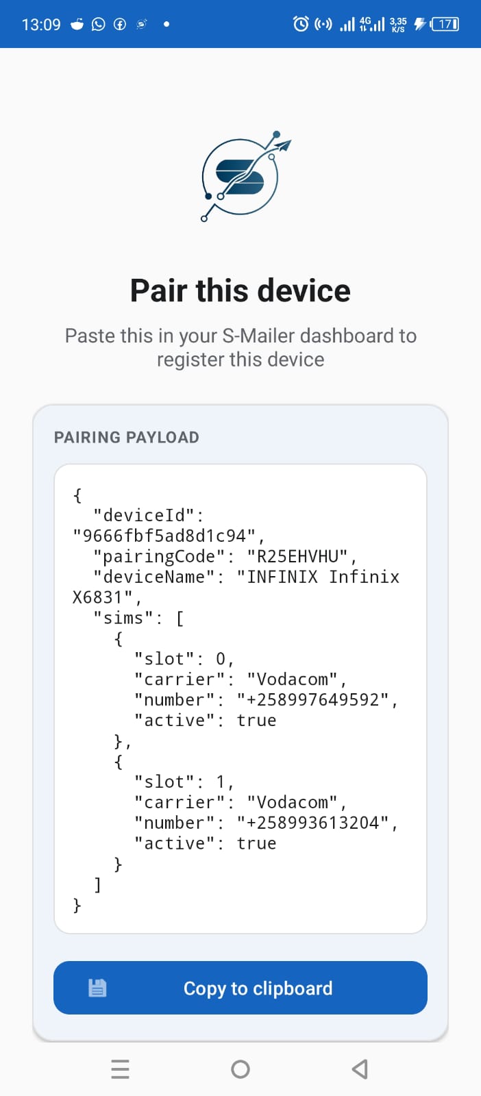 Copy the pairing payload