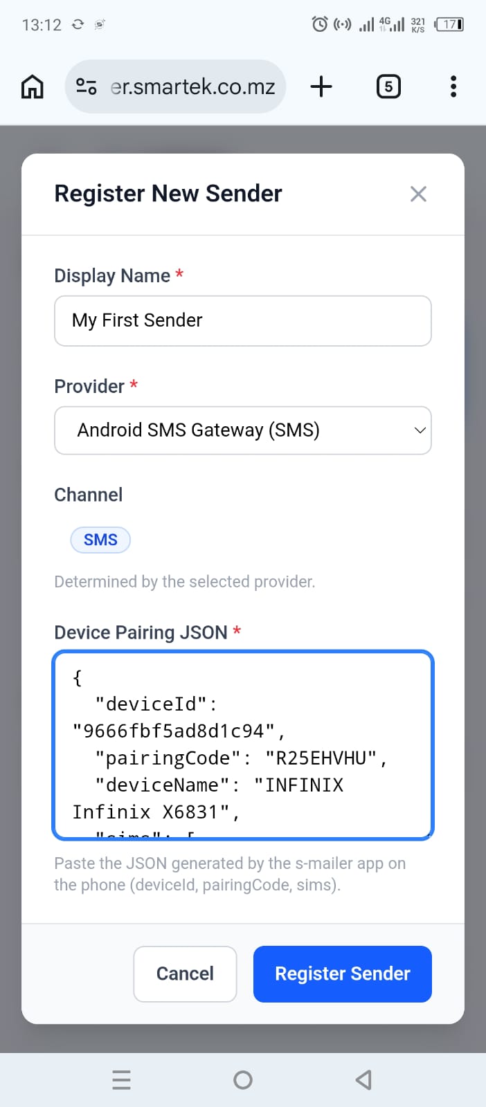 Register the sender